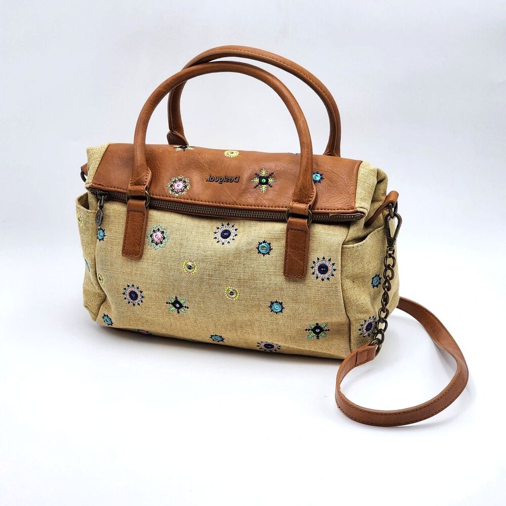 Desigual Mandalas Embroidered Julietta Loverty Canvas Satchel Bag Tan Brown HTF